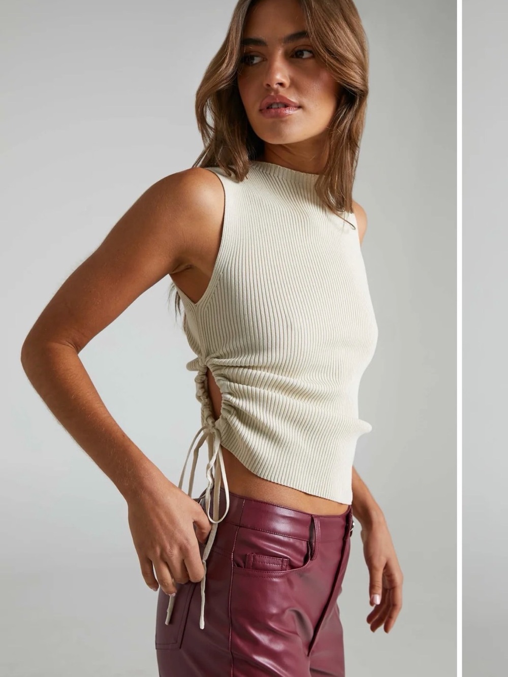 Showpo Giselli Top Ribbed Side-Tie Sleeveless Top - Cream